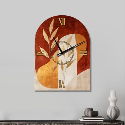 Formes en terre cuite dans l'ombre II - Horloge murale décorative en forme d'arche, style bohème orange, imprimée sur métal