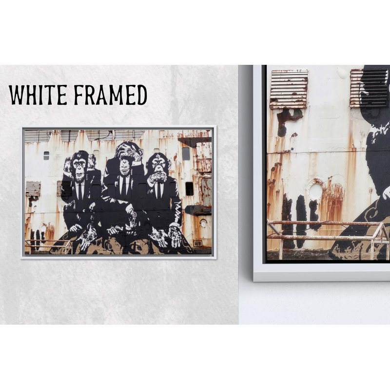 Toile imprimée: art mural en verre trempé Singe Banksy - Three Wise Monkeys Graffiti, 1P WhiteFramedCanves