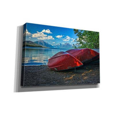 Epic Graffiti 'Red Canoes On Lake Mcdonald' by Rick Berk Canvas Wall Art