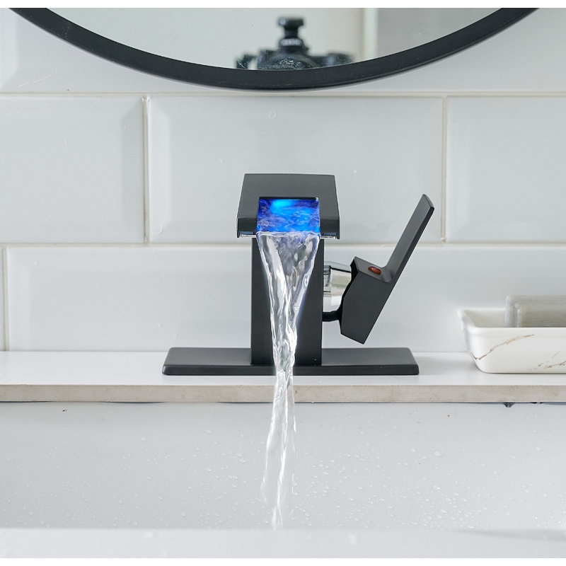 Waterfall Glass Spout Bathroom Faucet - LED 3-Color Changing Single Handle One Hole Deck Mounted Mixer, Matte Black