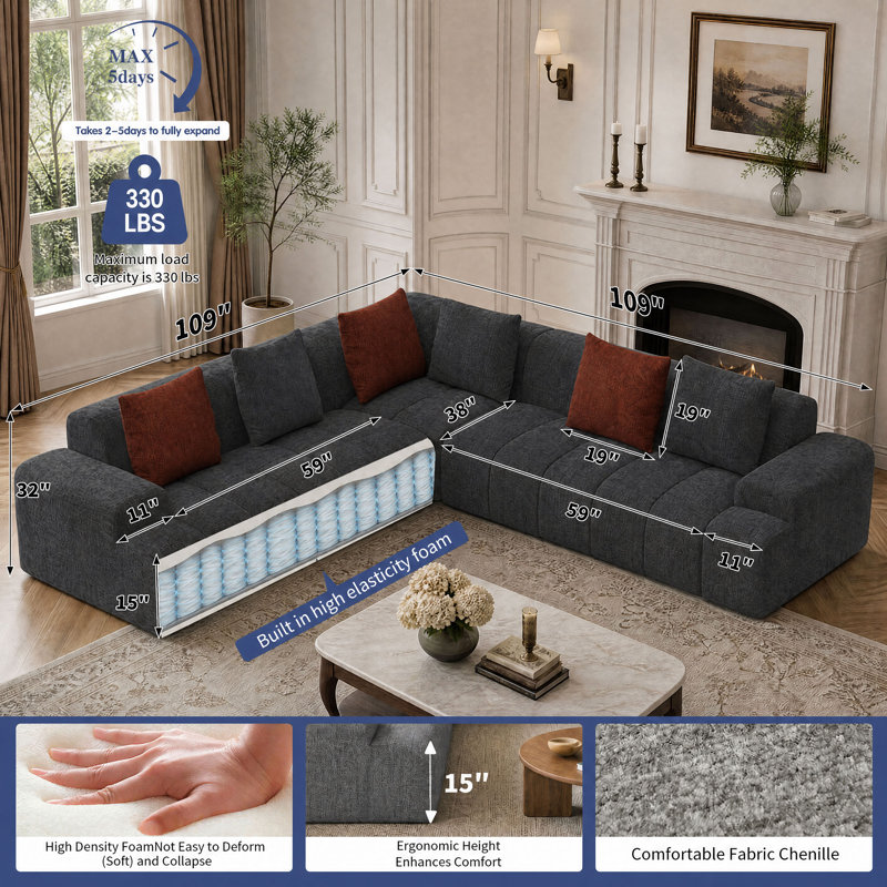 Canapé modulaire rembourré 108 pièces en forme de L 108 po avec 6 coussins décoratifs sans cadre 108 po Chenille