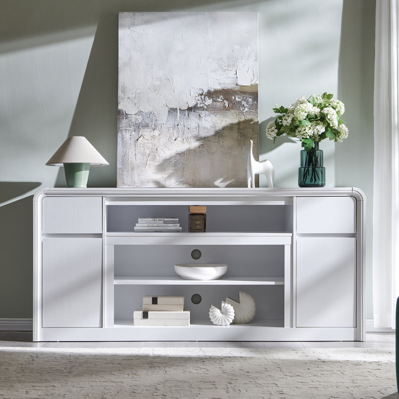 Modern TV Stand with Storage Cabinet & Drawers for TVs Up to 80", 32" Tall w/Soundbar & Adjustable Shelves, Curved Profile Design
