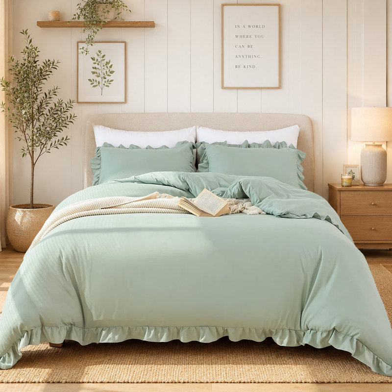 Ruffle Comforter Set 3 Pieces-Bedding for All Seasons Fluffy Vintage Farmhouse Comforter With Two Pillowcases, Sage Green