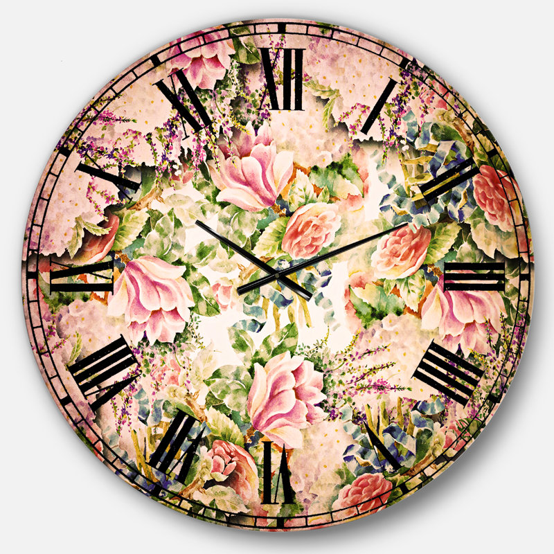 Motif de fleurs roses sur fond blanc - horloge murale traditionnelle, Surdimensionné