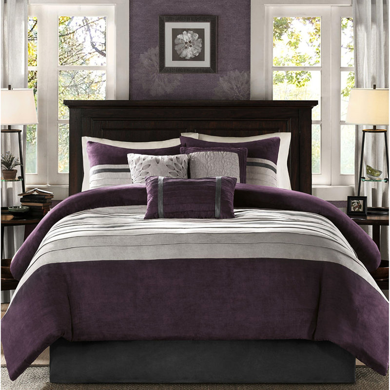Édredon pour grand lit 7 pièces mauve en faux suède avec taies décoratives assorties et coussins décoratifs brodés, Purple