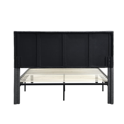Gray Full Size Bed With Upholstered Headboard, Strong Wood Slat Support, No Box Spring, Easy To Assemble Platform Frame, Design, Slats, 500 Lbs Limit