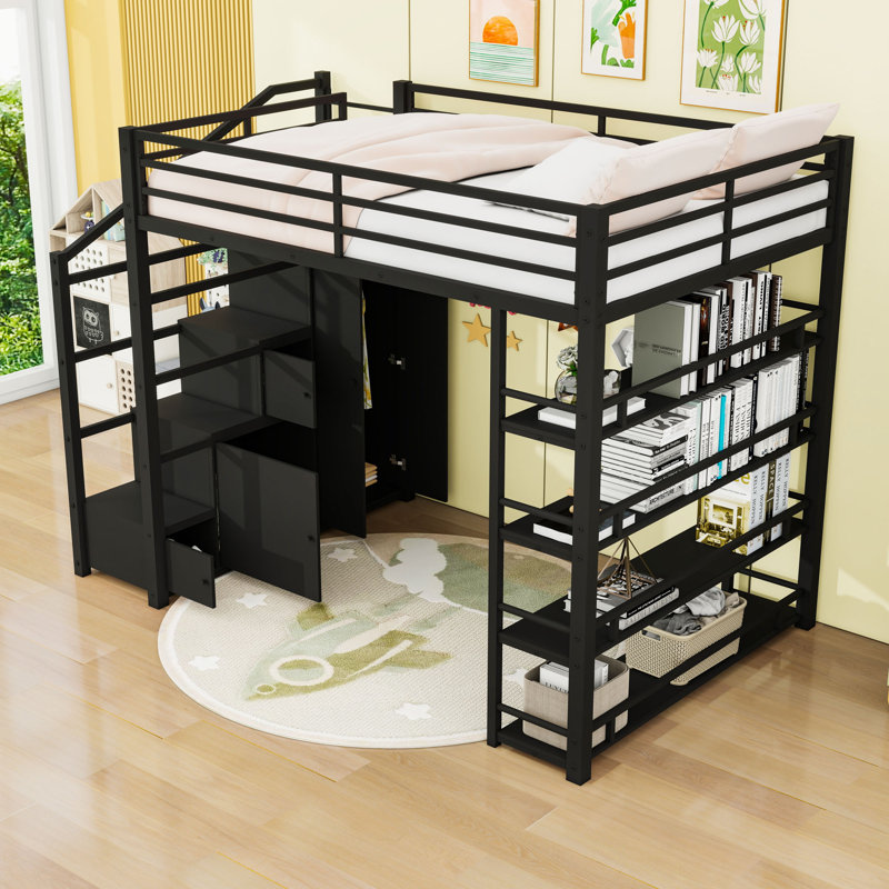 Lit mezzanine double en métal avec tablettes de rangement et garde-robe