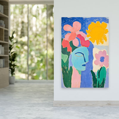 Vibrant Face And Flowers Abstract Colorful Dreamy Nature Portrait Wall Art Print 1 Piece Wrapped Canvas Wall Art