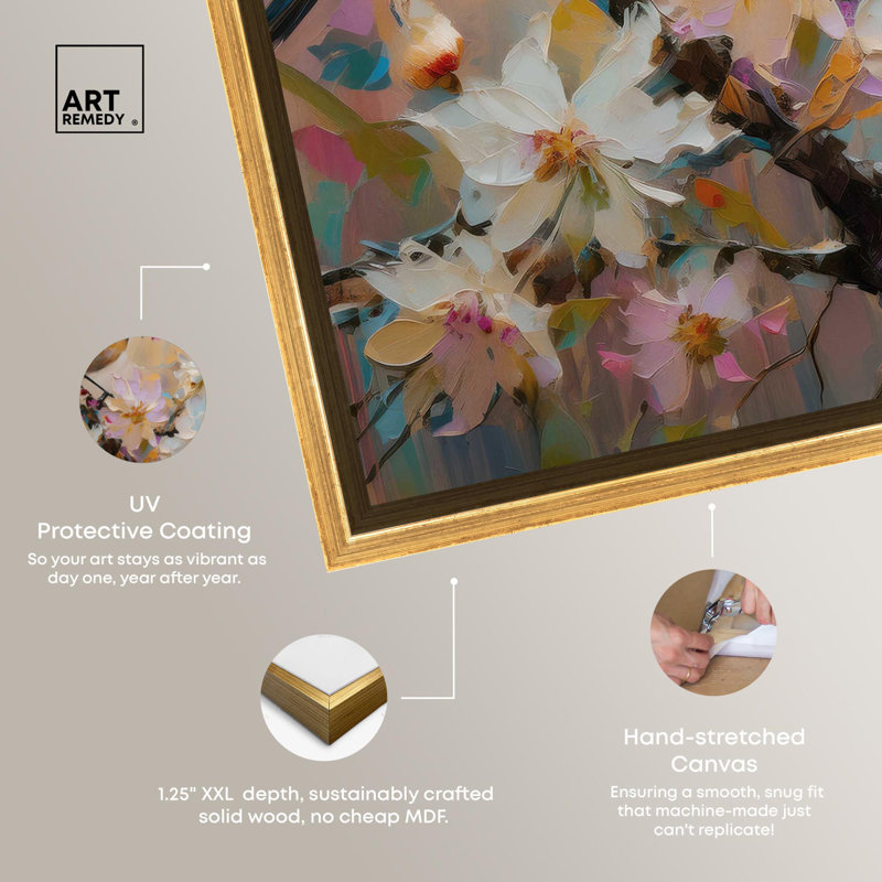 Gold Framed Abstract Floral and Bird Canvas Print, 40" x 40"