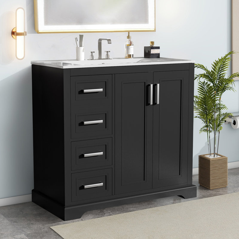 Meuble-lavabo 36 po avec lavabo en céramique, Noir, Chrome chrome