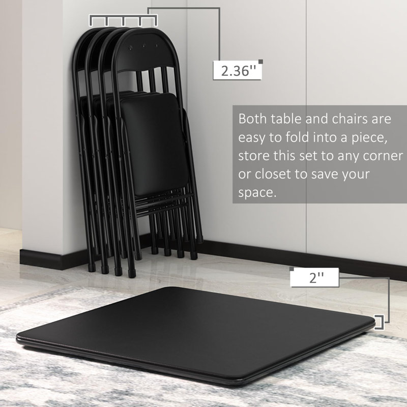Folding Card Table And Chair Set Of 5 Foldable With Padded Upholstery Tabletop, Metal, Black