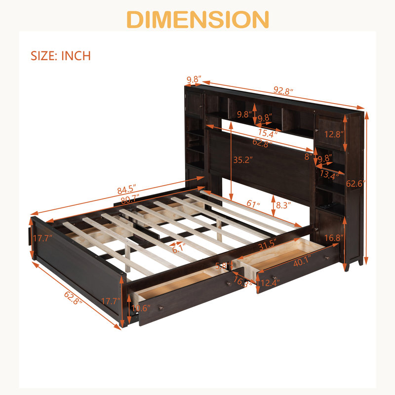Grand lit en bois avec armoire, tablette et prises tout-en-un, Espresso