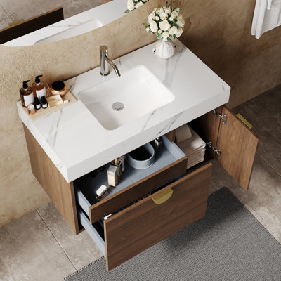 Meuble-lavabo simple 36 po avec comptoir en faux marbre, meuble-lavabo flottant avec lavabo, tiroir en U et bois massif multicouche