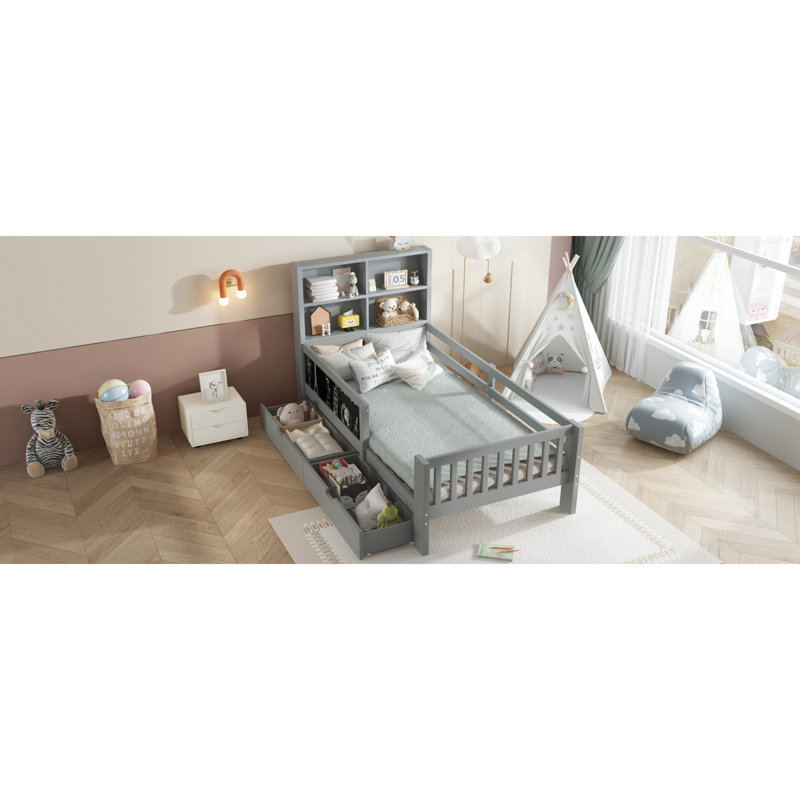 Lit plateforme en bois massif pour enfants avec tiroirs de rangement et finition gris moderne Creative
