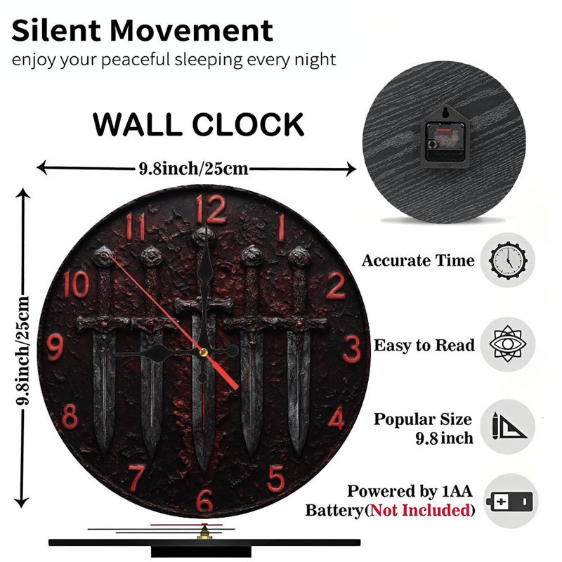 Horloge avec épées et chiffres rouges