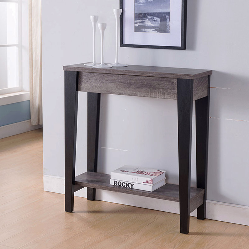 Console élégante, table de présentation avec tiroir et tablette inférieure en gris et noir patinés