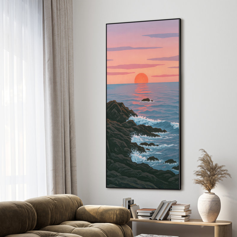 Très grande reproduction d'art sur toile - Rocky Shoreline Sunset Horizon, décoration pour salon ou chambre à coucher