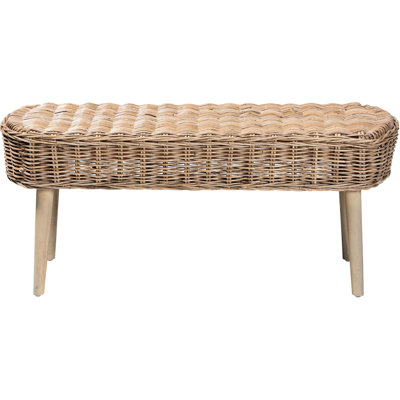 Banc tissé bohème avec pieds fuselés, conception ajourée, siège ovale, fabriqué à la main en bois et gris, 44,38 po de largeur, 17,32 po de profondeur, 18,3 po de hauteur, 18,31 lb de forme lourde, fabriqué à la main à partir de la largeur,