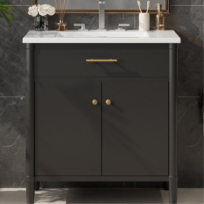 Meuble-lavabo 31 po, finition noire, profil incurvé et design tendance, charnières à fermeture en douceur, lavabo en céramique, faux tiroir, cadre en bois d'hévéa, meuble-lavabo avec cadre en bois d'hévéa 31 po