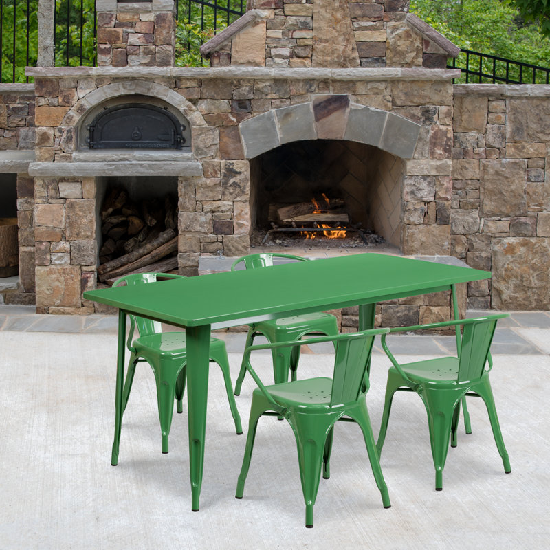 Lubron 31.5'' x 63'' Rectangular Metal Indoor-Outdoor Table Set with 4 Arm Chairs, Green, 5