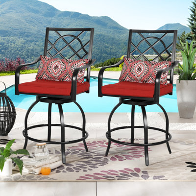 Jayc Metal Outdoor Counter Height Patio Bar Stools with Cushions (Set of 2) by Winston Porter