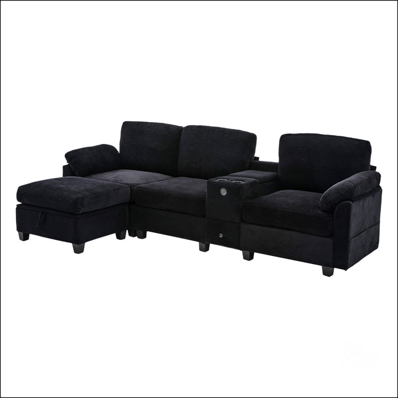 Canapé en velours côtelé de type L uni avec motif segmenté 4 places, porte-gobelet, port USB, boîte de rangement, console mobile et repose-pieds de style UNI