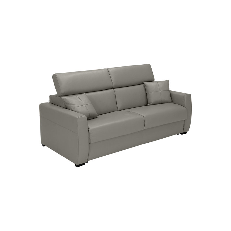 Paula 80" Genuine Italian Top Grain Leather Queen Folding Headrest Sleeper Sofa Bed with Memory Foam Mattress, Medium Gray