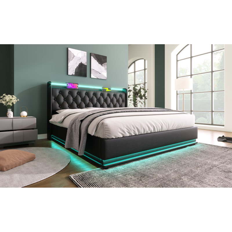 Black Pu King Size Upholstered Bed With 360 Surround Led And Hydraulic Storage Option Facility, Type-C,, Black, King