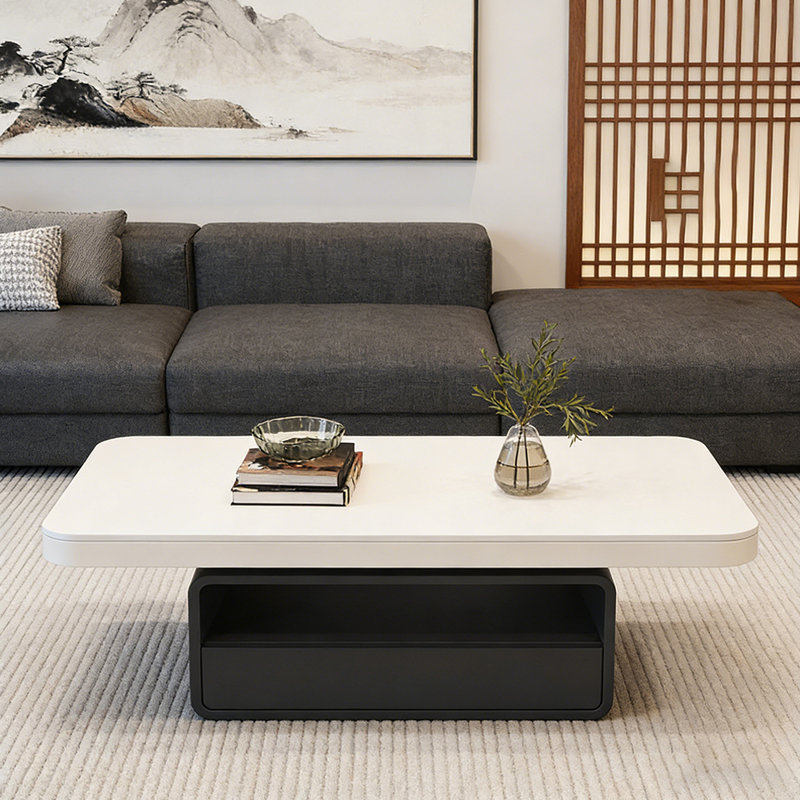 Table basse de luxe à plateau de rangement en ardoise, Blanc, Noir, H 16,53 po x l 55,11 po x P 27,55 po