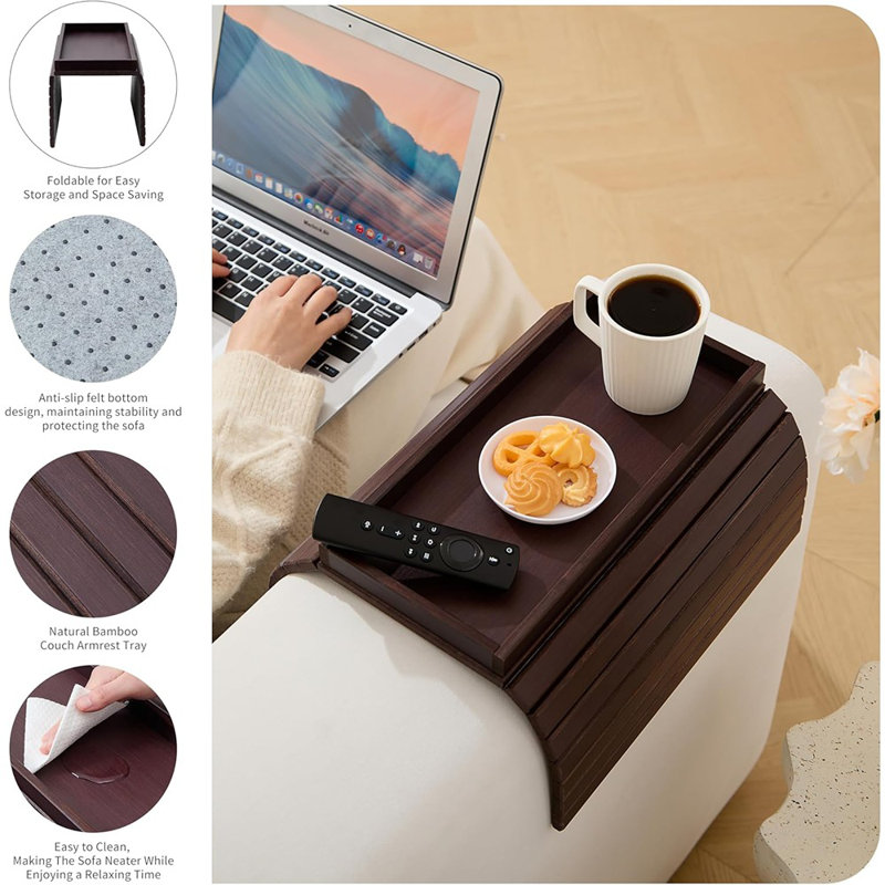 Table de plateau en bambou avec accoudoirs, table de canapé pliable avec accoudoirs pour ...