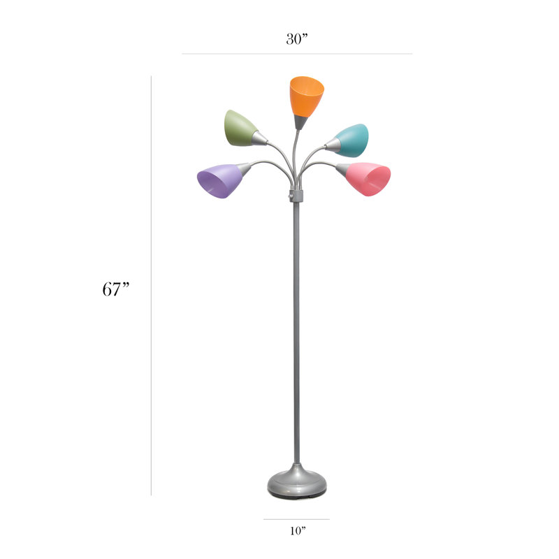 Simple Designs 67" Contemporary Multi Head Medusa 5 Light Adjustable Gooseneck w/ Multicoloured Shade, Silver
