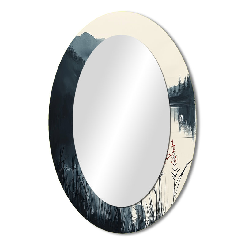 Blanc et noir Silent Ridge - grand miroir mural ovale sur métal, 36 po x 24 po