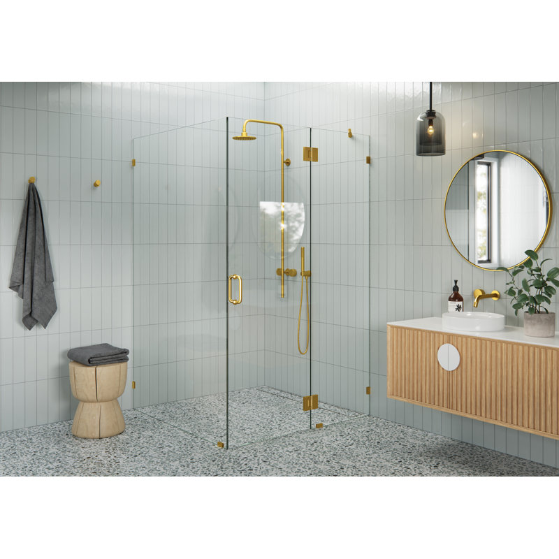 Halo 48 in. x 48 in. x 78 in. 90-degree Fully Frameless Glass Hinged Shower Enclosure, Satin Brass