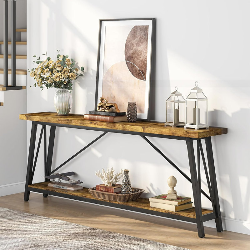 Table de canapé extra longue 70,9 po, Brun rustique / noir, Brun rustique
