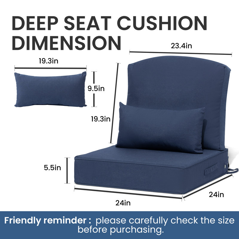 24'' W X 24'' D X 5.5'' H Outdoor Seat/Back Cushion Set with Pillow, 2, Navy