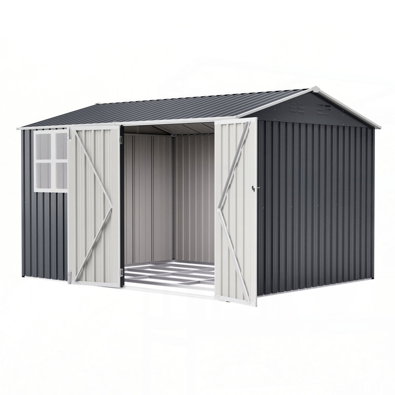 10X8FT Outdoor Steel Storage Shed with Clear Window, Lockable Doors, Weather-Resistant Metal Tool Shed for Garden, Backyard, Patio, and Utility Storage,Gray