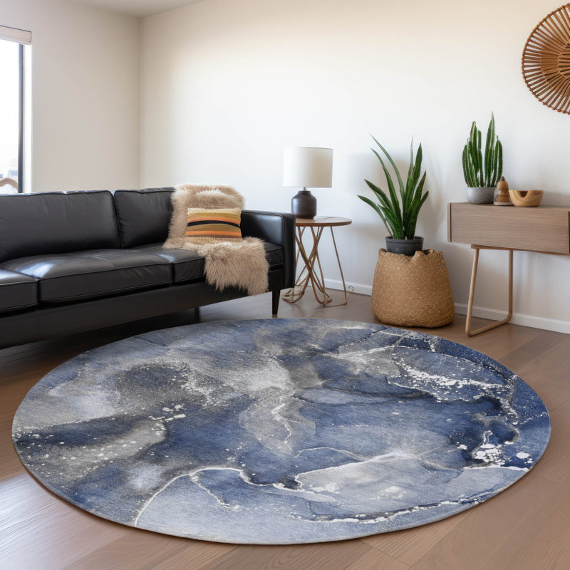 Premium Machine Washable Cerrito AMF518 Navy Rug, Round 8'
