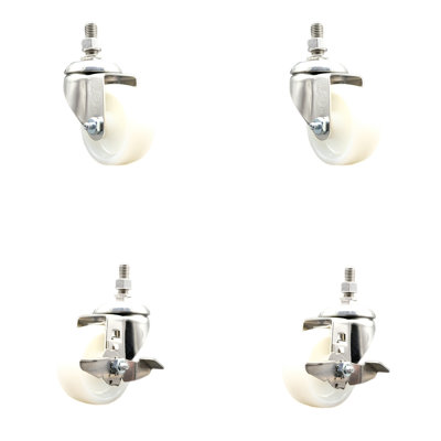 316SS Nylon Wheel Swivel Threaded Stem Caster Set 2 Brakes SCC
