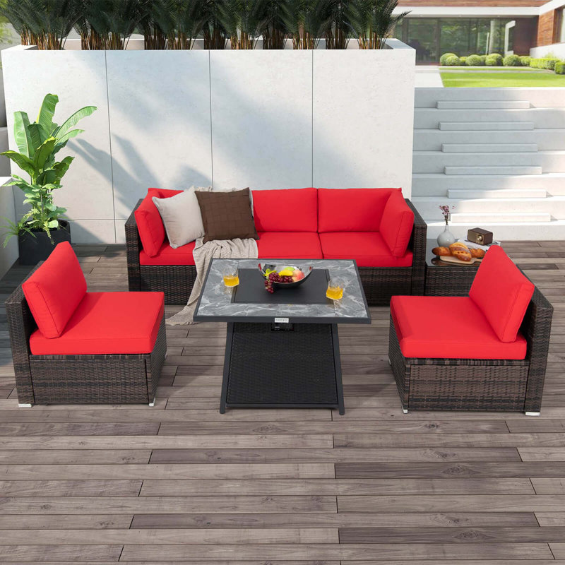 7 Pcs Patio Furniture Set With 35" Propane Gas Fire Pit Table & Waterproof Cover Brown, Red