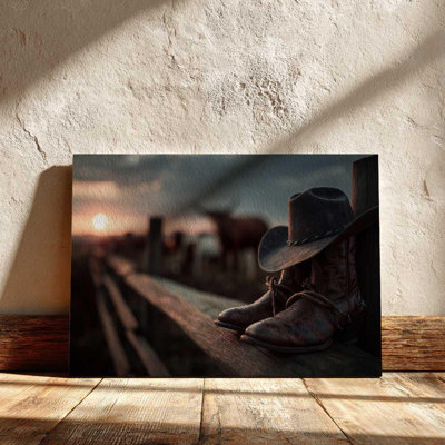 Texas Cowboy Sunset Canvas Art â€“ Western Wall Decor â€“ Rustic Boots and Hat Country Print