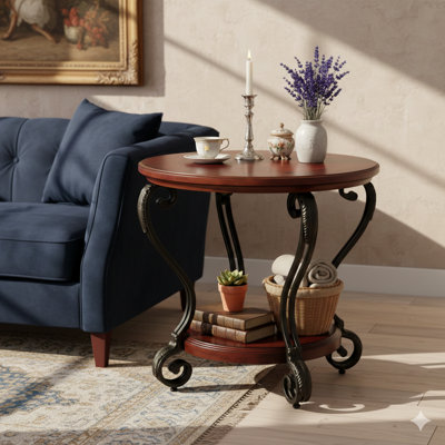 Traditional Style End Table In A Brown Cherry Finish, Featuring An Open Bottom Shelf With An Ornate Design. A Living Room Furniture Piece.
