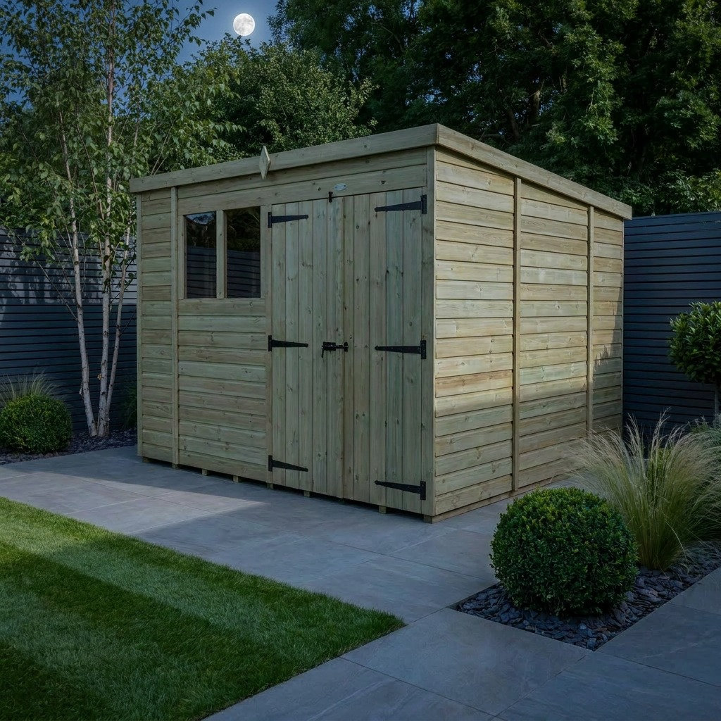 Total Sheds 10ft x 10ft Pent Garden Shed - Double Door - With Windows - Pressure Treated Timber - UK Manufactured