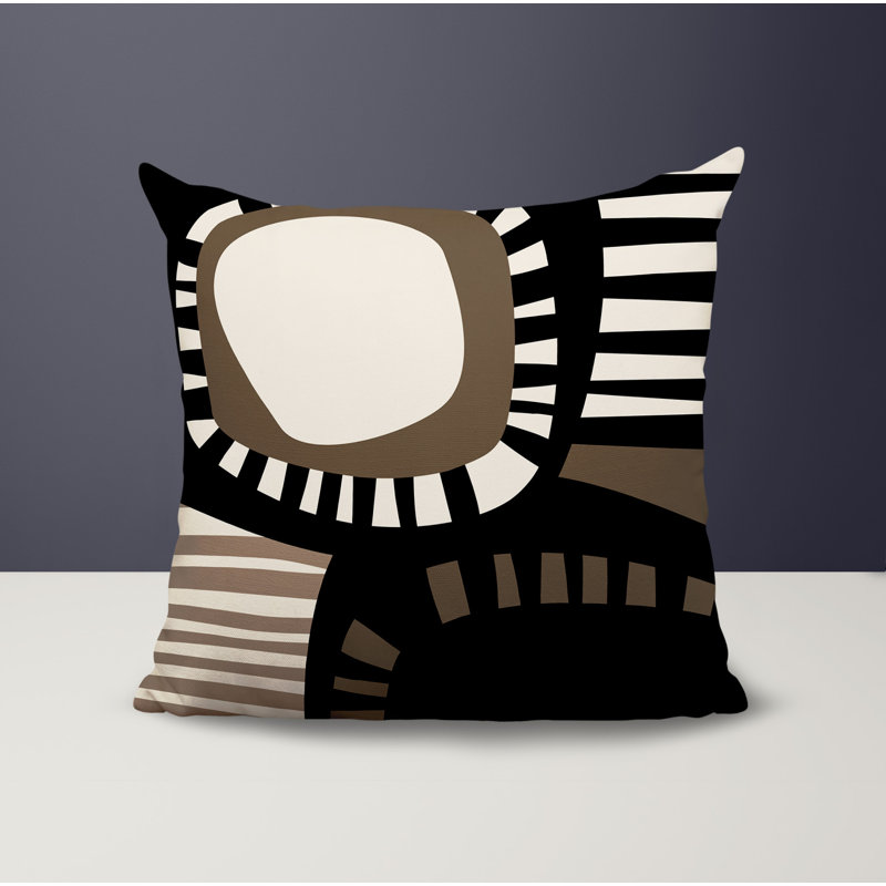 Oreiller carré réversible intérieur / extérieur Alika, H 15 po x l 15 po, Beige / noir / blanc cassé abstrait
