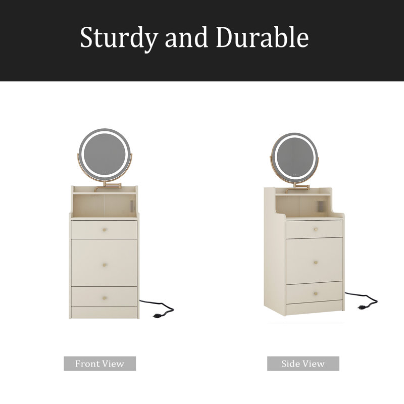 3 In 1 Vanity Desk With Mirror And Light ,Small Makeup Vanity Set With Charging Station, With 2 Drawers And Open Storage Space, With Upholstered Stool, Compact Dressing Table Writing Desk