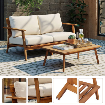 Outdoor 2-Piece Mid-Century Acacia Patio Set with Loveseat and Coffee Table
