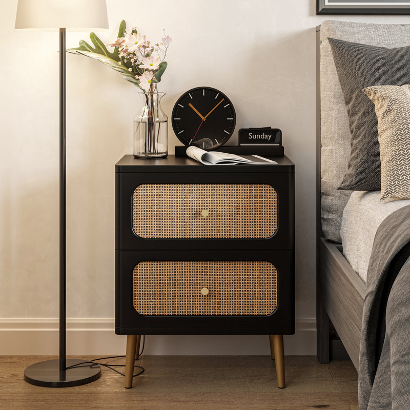 Okkra Modern Farmhouse 2-Drawer Woven Nightstand, Black/Brown