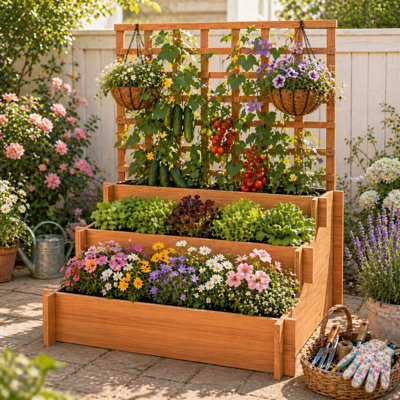 Lit de jardin surélevé en bois de sapin à 3 niveaux avec treillis, jardinière carrée 37 "avec doublure pour plantes grimpantes, patio extérieur et jardin
