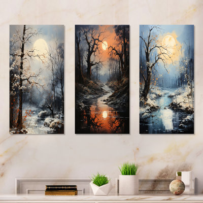 Moonlit Shadows In Winter - ensemble de 3 reproductions d'art mural en chêne