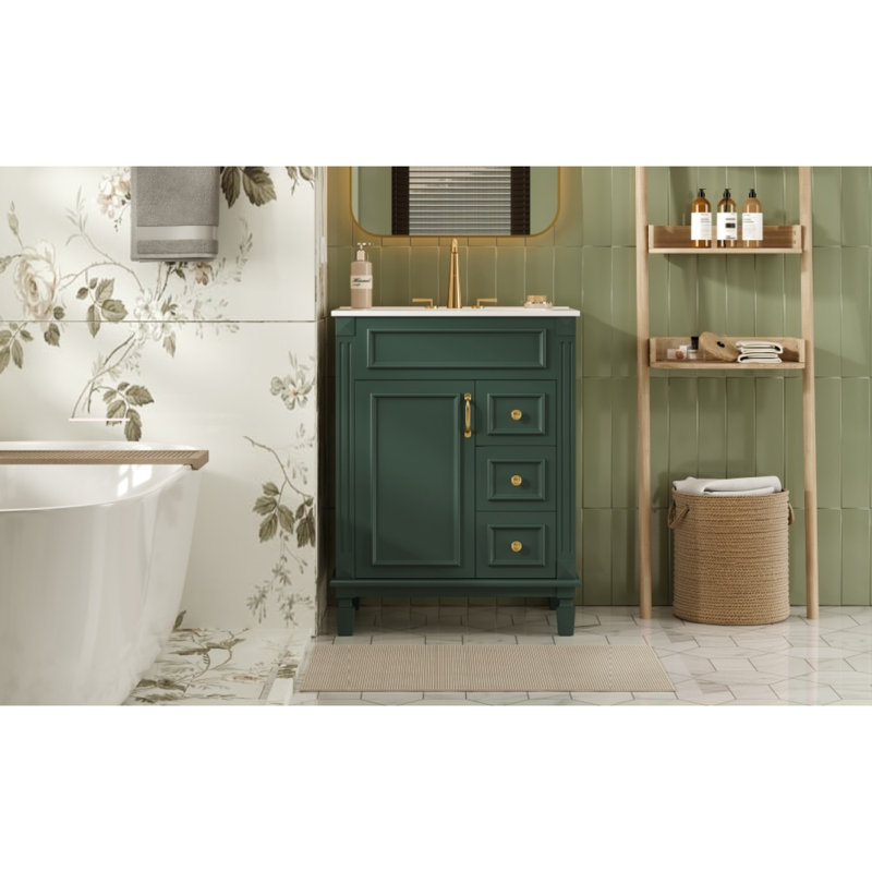 Meuble-lavabo 24 po avec lavabo en céramique et armoire de rangement, Vert/doré