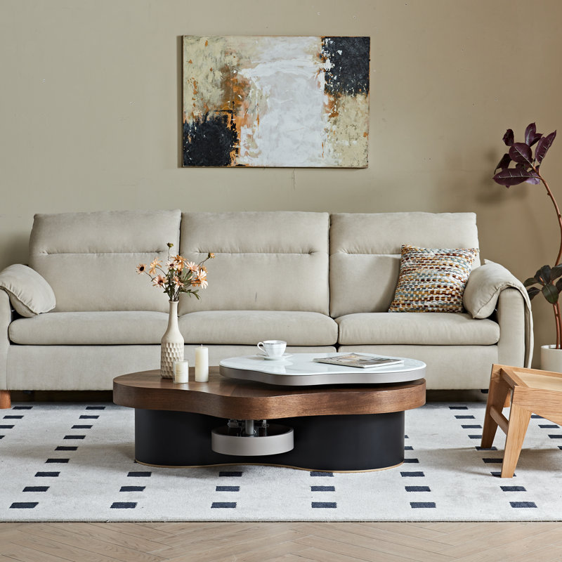 Modern Expandable Coffee Table with Marble  & Walnut Top, 2 Rotating Hidden Storage Trays for Living Room Home